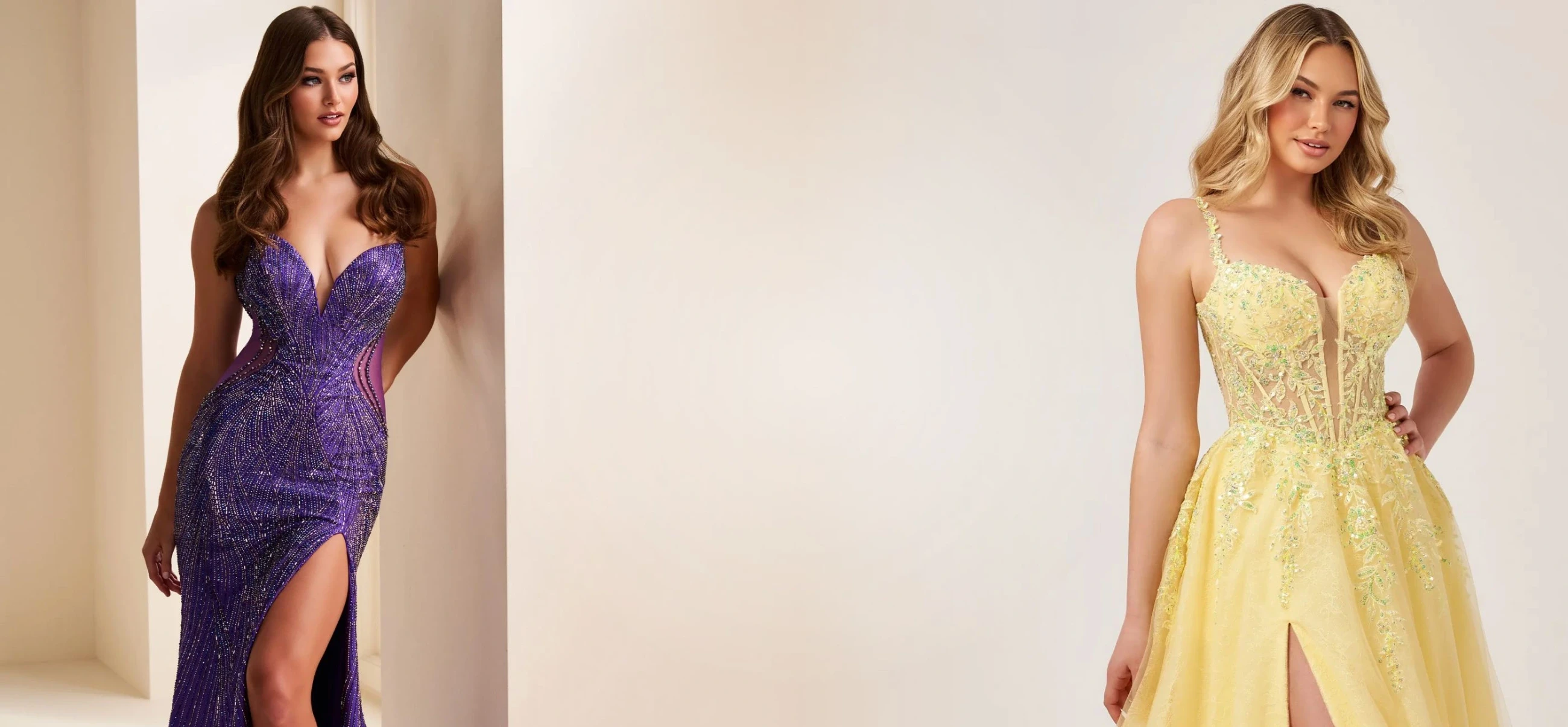 Models wearing prom dresses, desktop banner