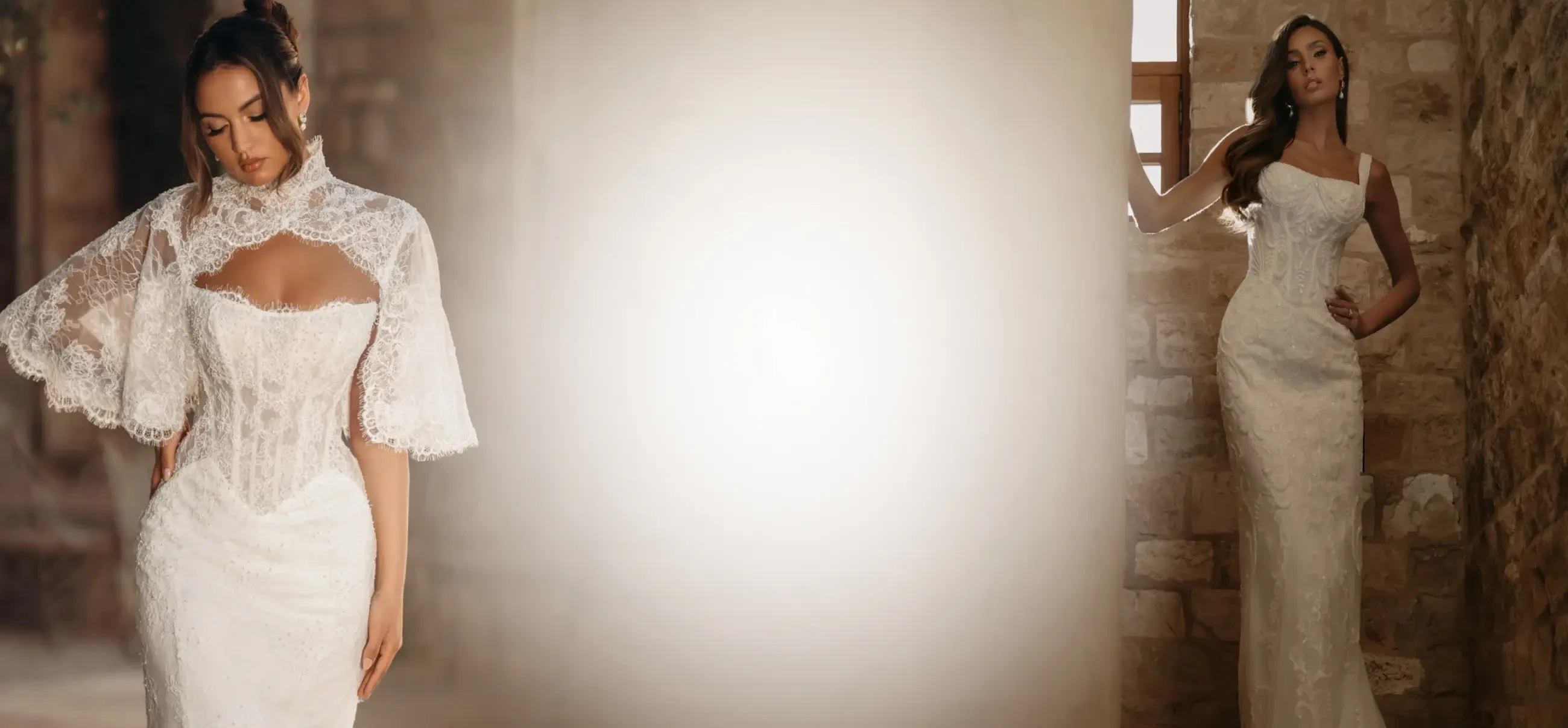 Model wearing ML bridal gown, desktop banner