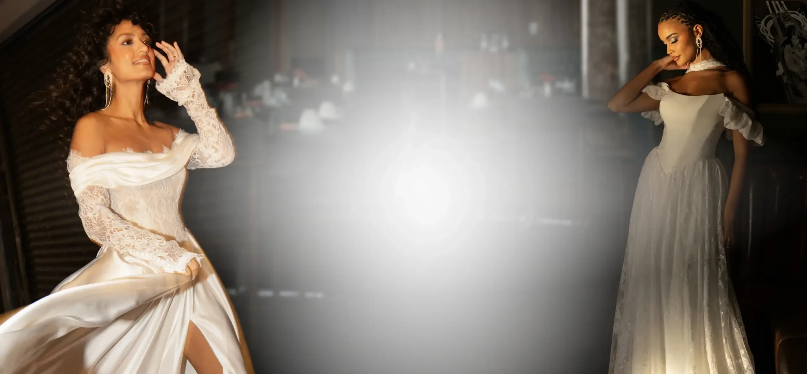 Model wearing All who wander bridal gown, desktop banner